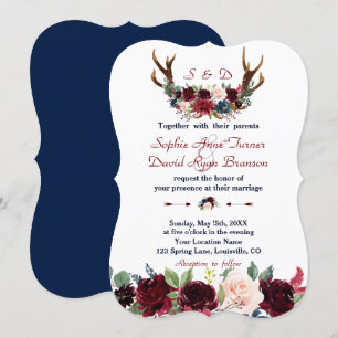 Boho Merlot Navy Blue Floral Antlers Wedding Invitation