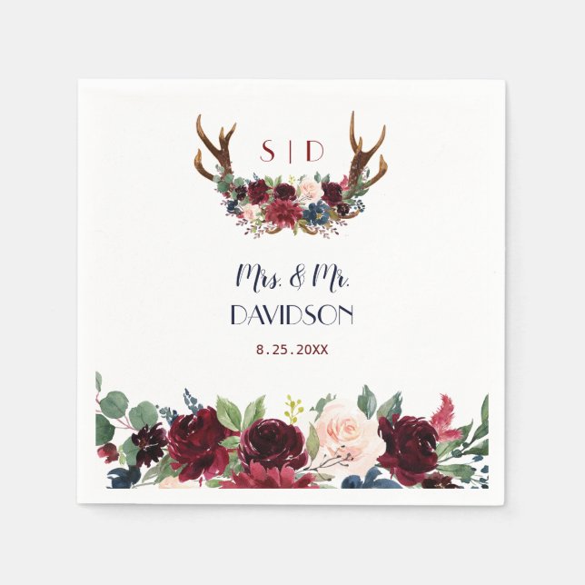 Boho Merlot Navy Blue Floral Antlers Wedding Napkin (Front)