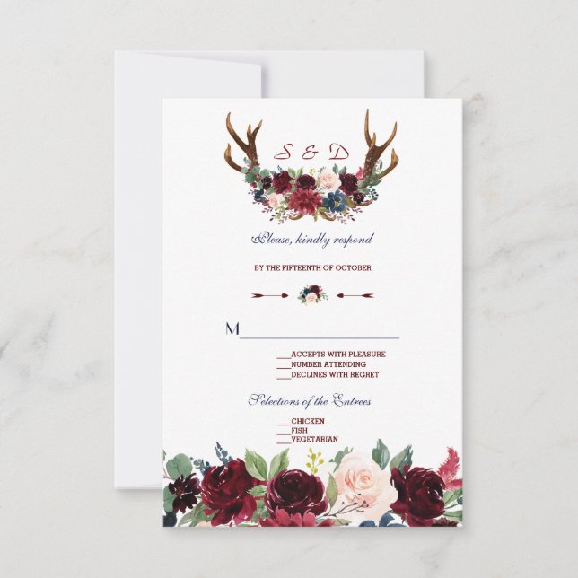 Boho Merlot Navy Blue Floral Antlers Wedding RSVP Card (Front)