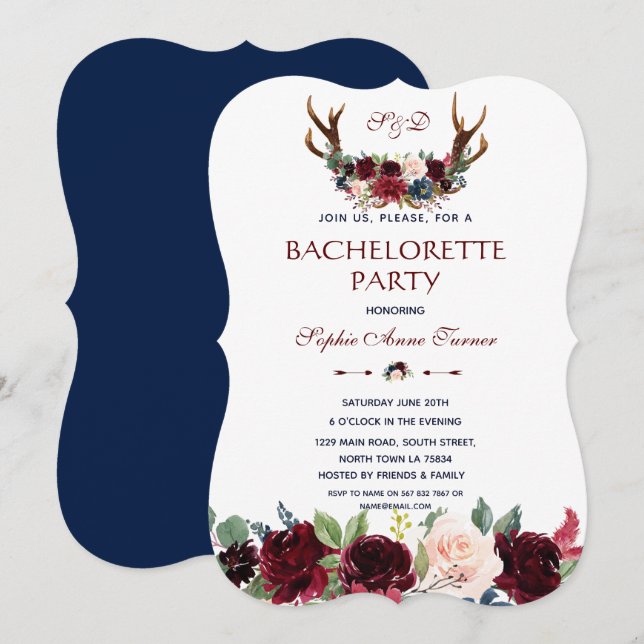 Boho Merlot Navy Floral Antlers Bachelorette Party Invitation (Front/Back)