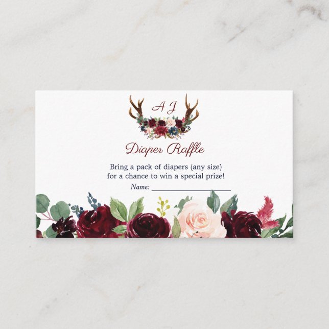 Boho Merlot Navy Floral Antlers Diaper Raffle Enclosure Card (Front)