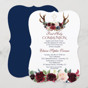 Boho Merlot Navy Floral Antlers First Communion Invitation