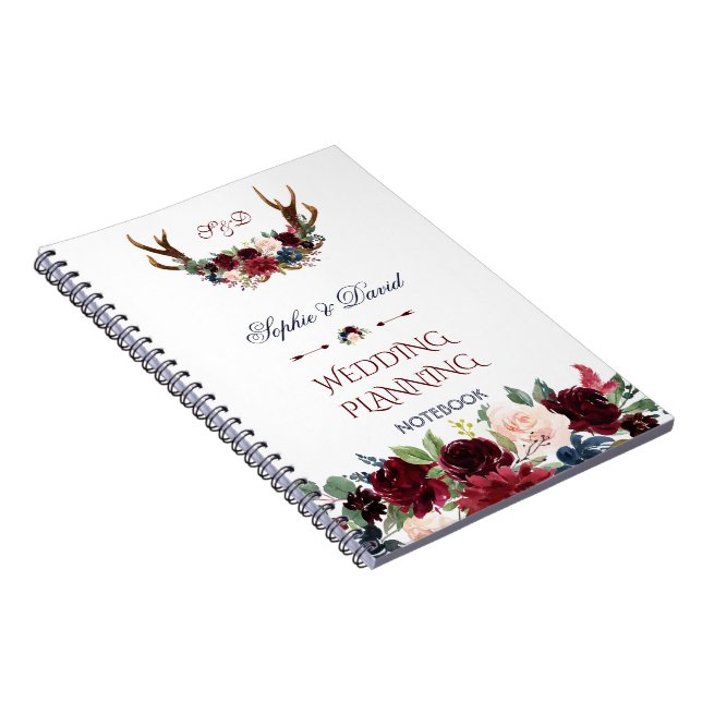 Boho Merlot Navy Floral Antlers Wedding Planner Notebook (Right Side)