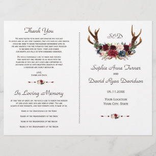 Boho Merlot Navy Floral Antlers Wedding Program