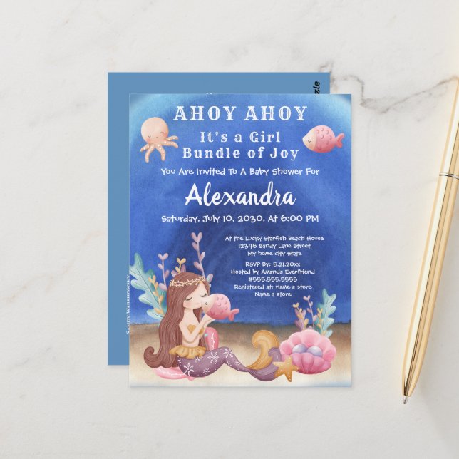 Boho Mermaid, Tropical fish Pink Girl Baby Shower Postcard (Front/Back In Situ)