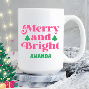 Boho Merry and Bright Christmas Pink Holiday Coffee Mug