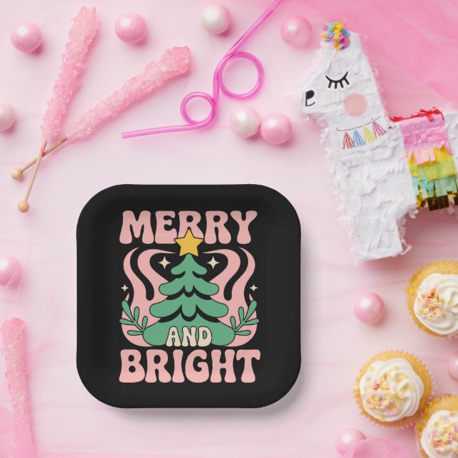 Boho Merry and Bright Personalised Floral Xmas Paper Plate (Party)