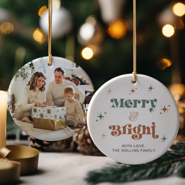 Boho Merry & Bright Photo Christmas Ornament Retro (Creator Uploaded)