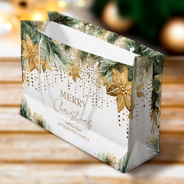 Boho Merry Christmas gold poinsettia Large Gift Bag (Boho Merry Christmas gold poinsettia pines personalized Large Gift Bag)