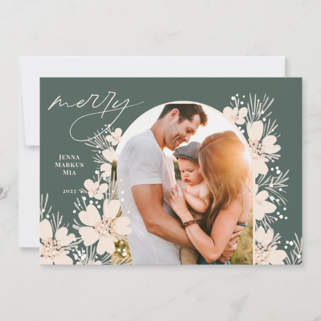 Boho Merry Christmas Green Holiday Card (Front)