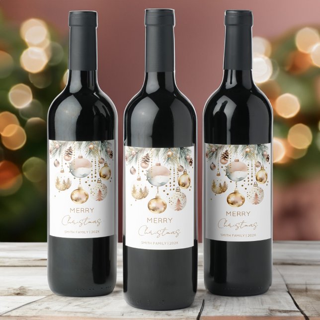 Boho Merry Christmas holiday snowy pines Wine Label (Boho Merry Christmas holiday snowy pines personalized Wine Labels watercolor pines gold baubles)