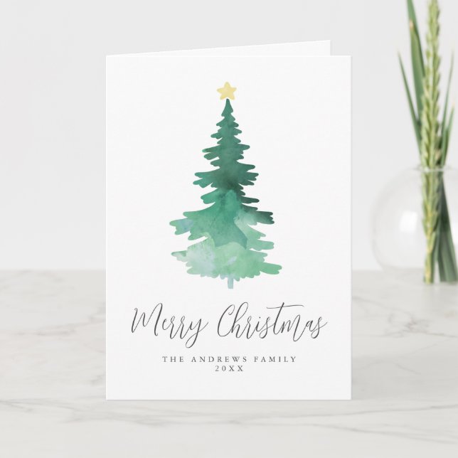 Boho Merry Christmas Watercolor Tree Non-Photo Holiday Card (Front)