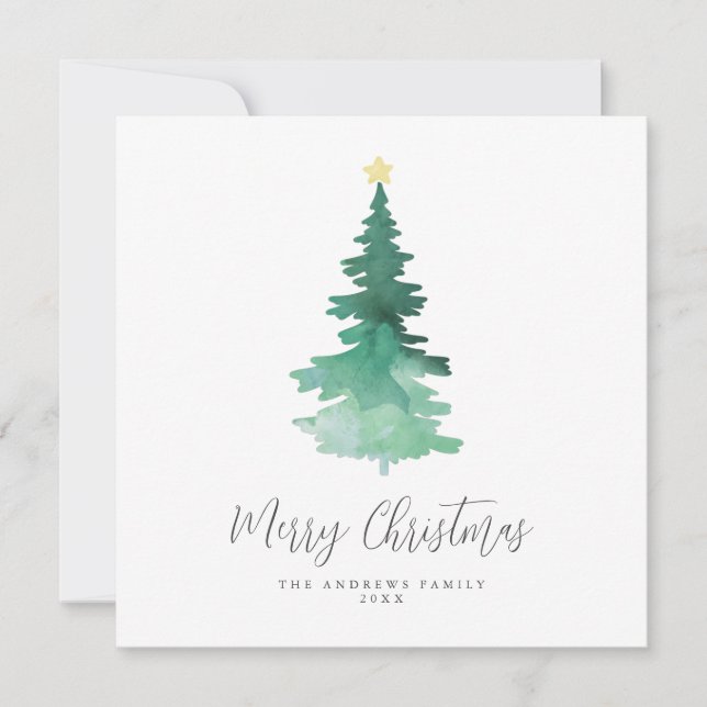 Boho Merry Christmas Watercolor Tree Non-Photo Holiday Card (Front)