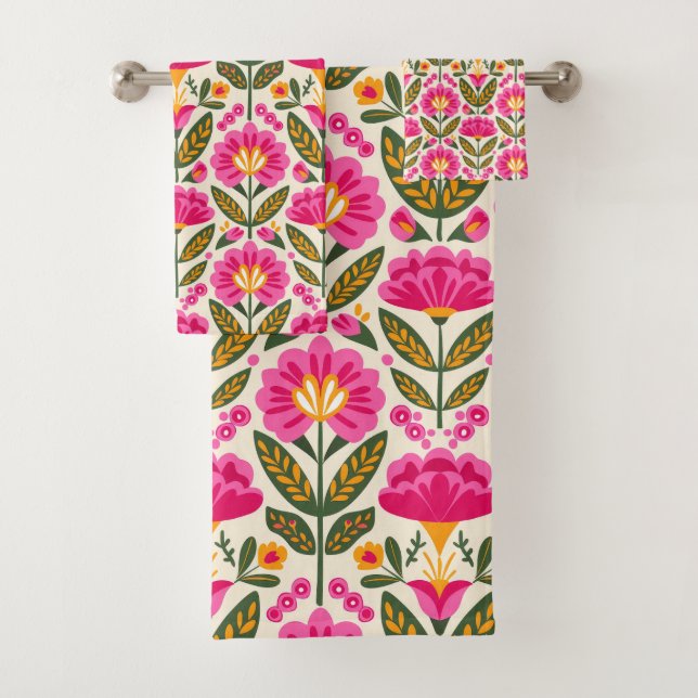 BOHO Mexican Talavera Flowers Fuchsia Pink Floral Bath Towel Set (Insitu)