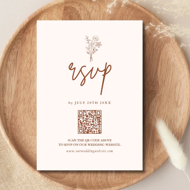 Boho Minimal Botanicals Terracotta QR Code Wedding RSVP Card (Creator Uploaded)
