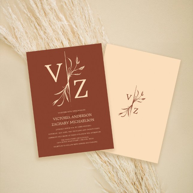 Boho Minimal Dark Terracotta Leaf Monogram Wedding Invitation (Creator Uploaded)