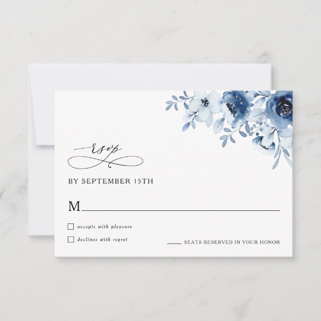 Boho Minimal Dusty Blue Floral Wedding RSVP Card (Front)