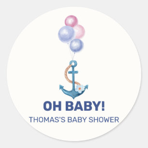 Boho Minimal Nautical Anchor Balloon Baby Shower  Classic Round Sticker