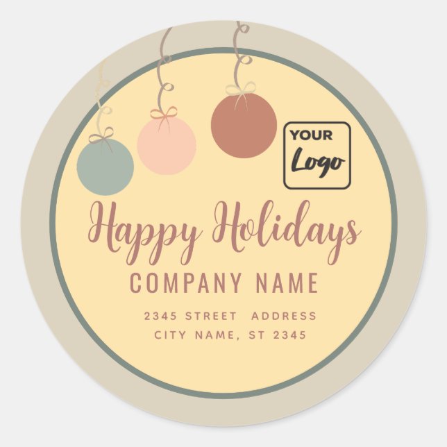  Boho  minimal ornaments Happy Holidays logo   Classic Round Sticker (Front)