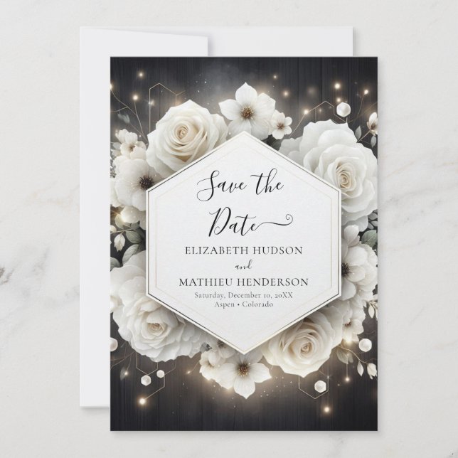 Boho Minimal White Roses Wedding Save The Date (Front)