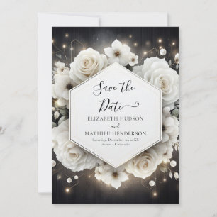 Boho Minimal White Roses Wedding Save The Date