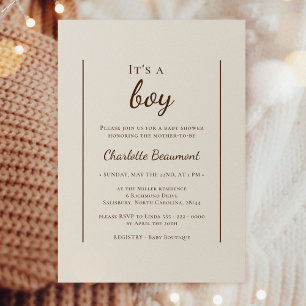 Boho Minimalist Beige It's A Boy Baby Shower Invitation