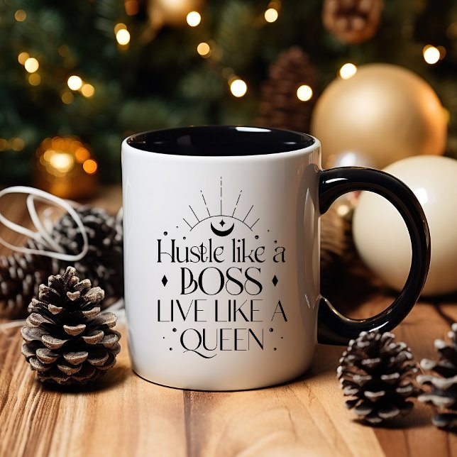 Boho Minimalist Black and White Moon Lady Boss Mug (HUSTLE LIKE A BOSS LIVE LIKE A QUEEN mug)
