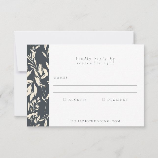 Boho Minimalist Black Botanical Drawing Wedding RSVP Card (Front)