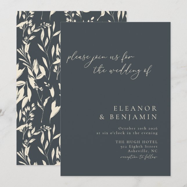 Boho Minimalist Black Hand Drawn Floral Wedding Invitation (Front/Back)