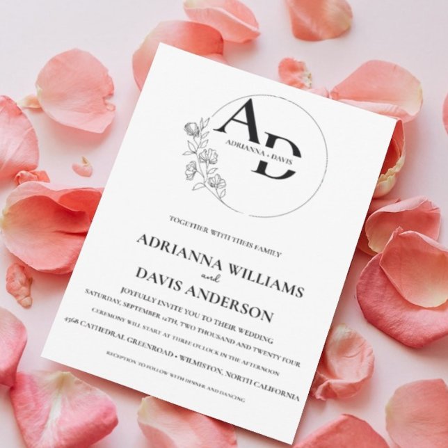 Boho minimalist black & white monogram wedding invitation (Creator Uploaded)