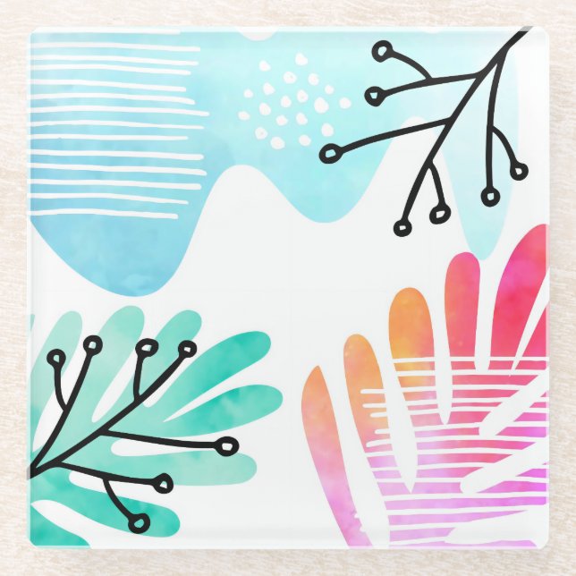 Boho Minimalist Blob Shape Leaves Line Art Glass Coaster (Front)