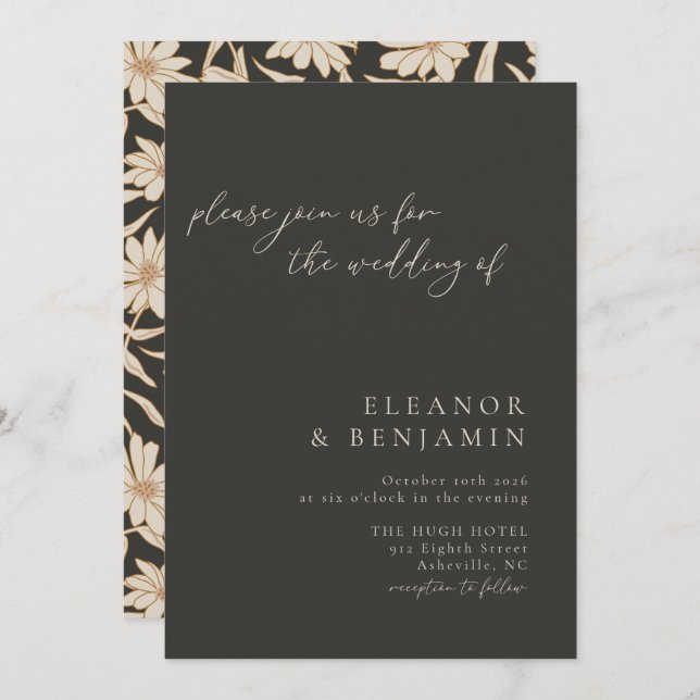 Boho Minimalist Botanical Black and Ivory Wedding Invitation (Front/Back)