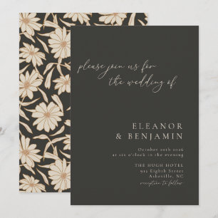 Boho Minimalist Botanical Black and Ivory Wedding Invitation