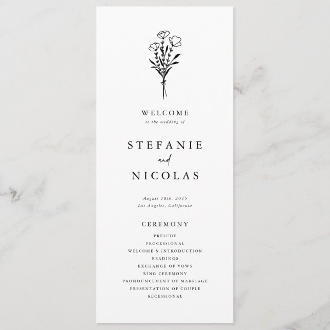 Boho Minimalist Botanicals Black and White Wedding Programme (Front)