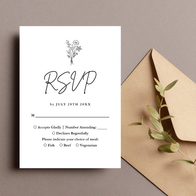 Boho Minimalist Botanicals Black Wedding RSVP Card (Boho minimalist black botanical RSVP card adds sleek elegance to your wedding guest responses)