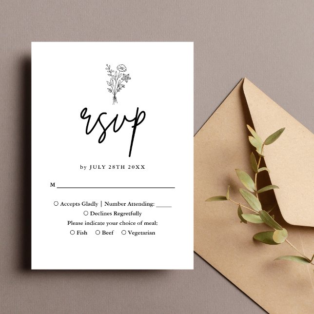 Boho Minimalist Botanicals Black Wedding RSVP Card (Boho minimalist black botanical RSVP card adds sleek elegance for smooth wedding guest responses)