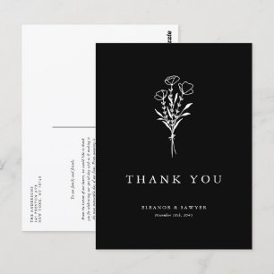 Boho Minimalist Botanicals Black Wedding Thank You Postcard