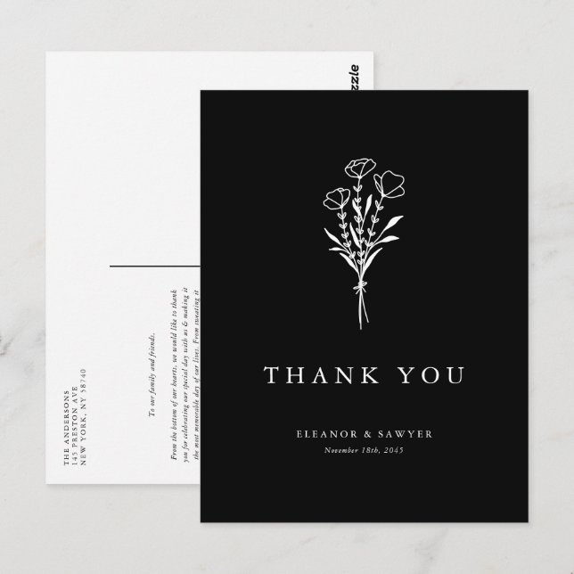Boho Minimalist Botanicals Black Wedding Thank You Postcard (Front/Back)