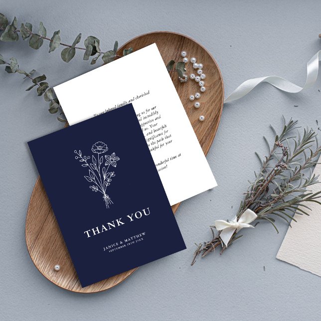 Boho Minimalist Botanicals Navy Blue Wedding Thank You Card (Creator Uploaded)