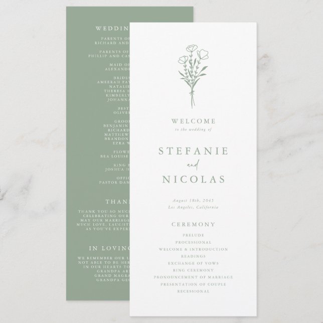Boho Minimalist Botanicals Sage Green Wedding Programme (Front/Back)