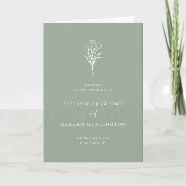 Boho Minimalist Botanicals Sage Green Wedding Programme (Front)
