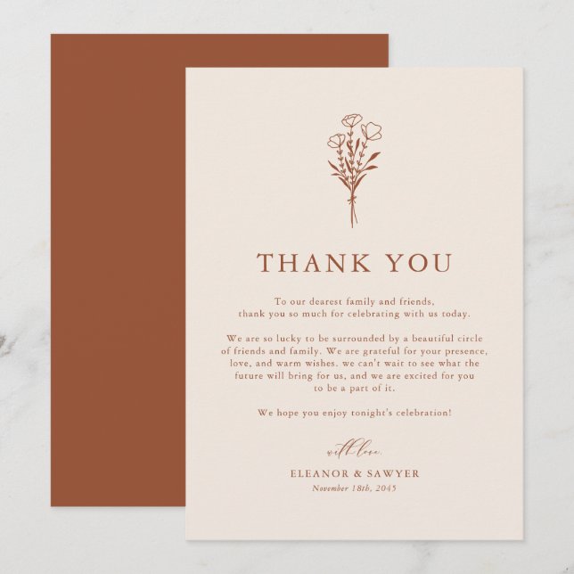 Boho Minimalist Botanicals Terracotta Fall Wedding Thank You Card (Front/Back)