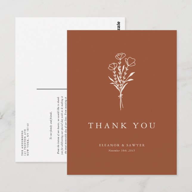 Boho Minimalist Botanicals Terracotta Thank You Postcard (Front/Back)