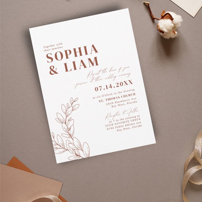 Boho Minimalist Botanicals Terracotta Wedding Invitation (Creator Uploaded)