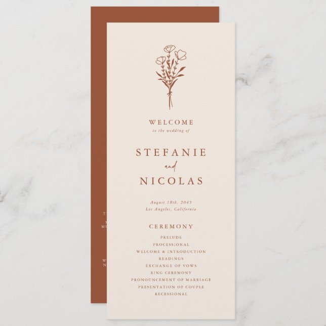 Boho Minimalist Botanicals Terracotta Wedding Programme (Front/Back)