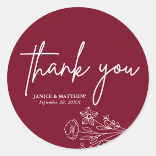 Boho Minimalist Burgundy Thank You Wedding Favour Classic Round Sticker