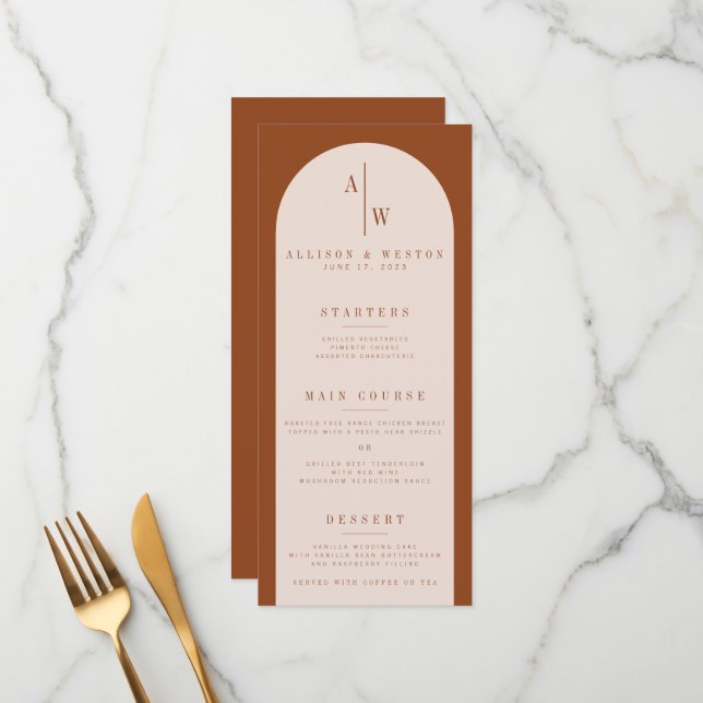 Boho Minimalist Burnt Orange Wedding Menu (Front/Back In Situ)