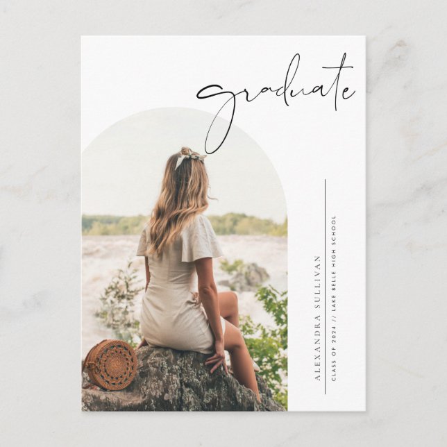 Boho Minimalist Calligraphy Arch Photo Graduation Announcement Postcard (Front)