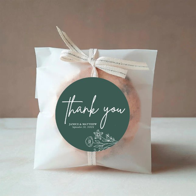 Boho Minimalist Emerald Thank You Wedding Favour Classic Round Sticker (Emerald thank you wedding favor sticker adds rich minimalist elegance to personalized guest gifts)