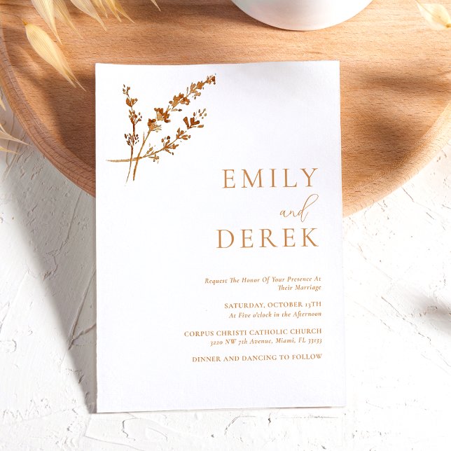 Boho Minimalist Fall Orange Floral Wedding Invitation (Creator Uploaded)